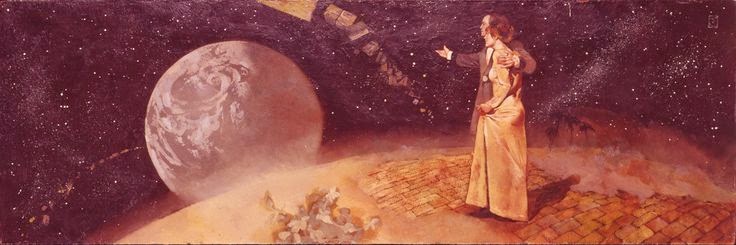 A well-to-do nineteenth century couple gaze down on earth from atop a brick moon.
