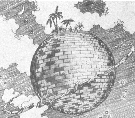 A drawing of Hale's brick moon shows a sphere of brick among the clouds
